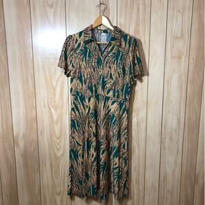 Green Brown Tree Pattern Collared V-Neck Short Sleeve A-Line Midi Dress 2XL
